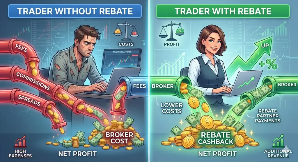 Comparison of trading net income with and without JustMarkets rebat