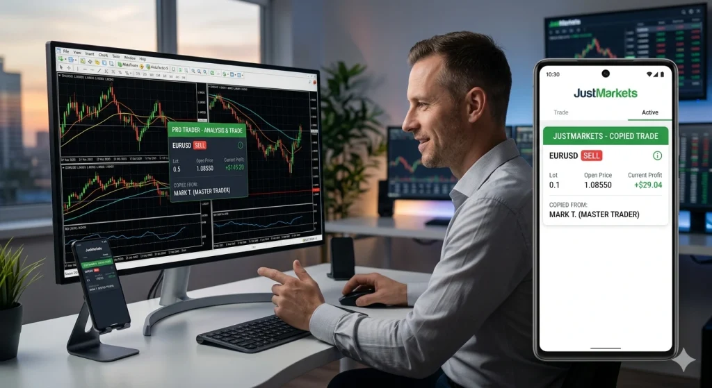JustMarkets copy trading concept showing automated trade replication