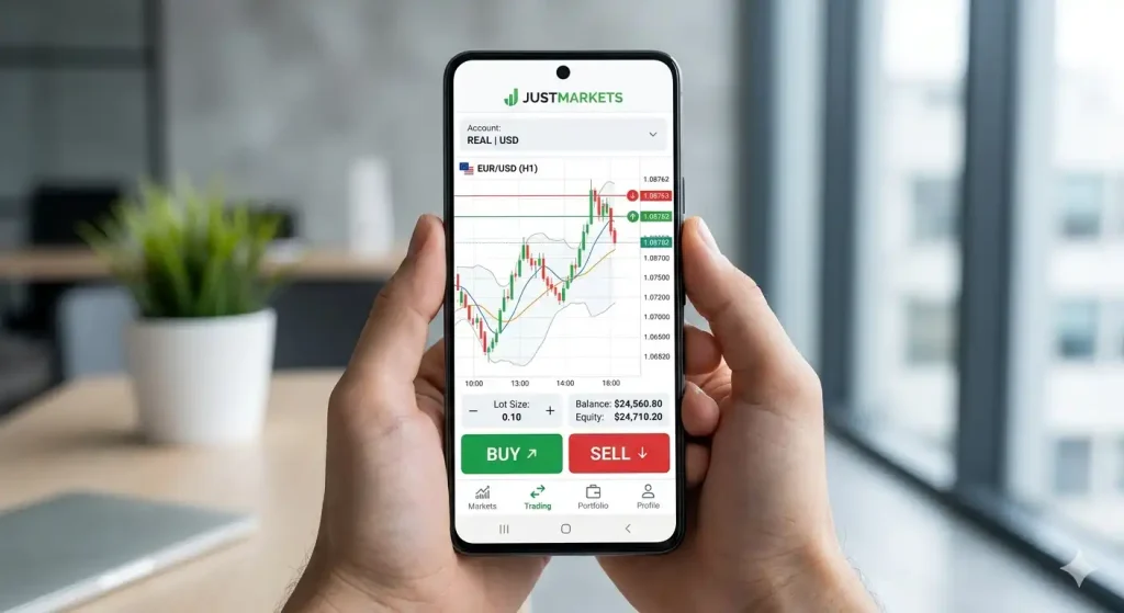 JustMarkets mobile trading app login screen