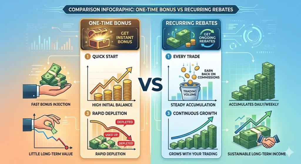 One-time deposit bonus vs recurring trading rebates comparison