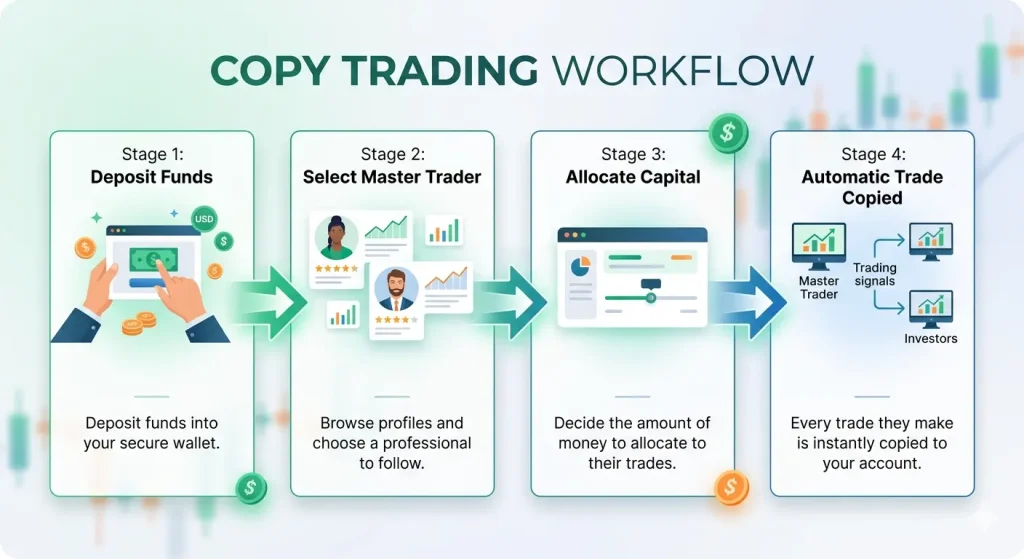 Step by step workflow of JustMarkets copy trading system