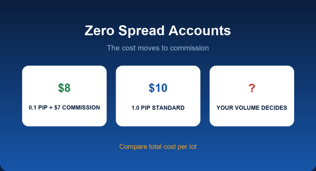 Zero spread forex accounts: raw spread plus commission and real cost comparison