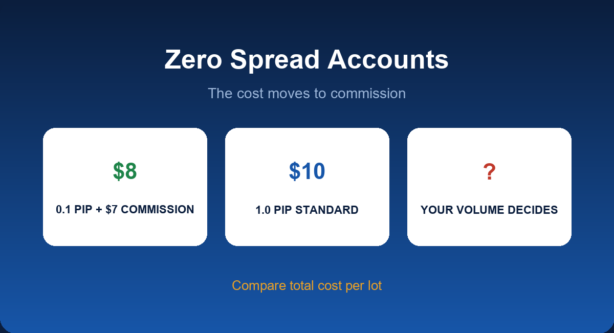 Zero spread forex accounts: raw spread plus commission and real cost comparison
