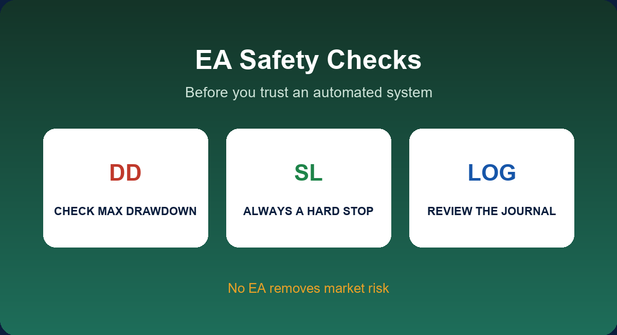 EA safety checks: drawdown, hard stop and journal