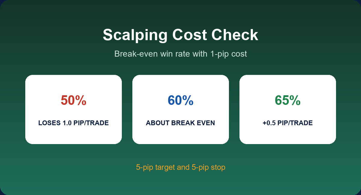 Scalping cost check: break-even win rate with a one-pip cost