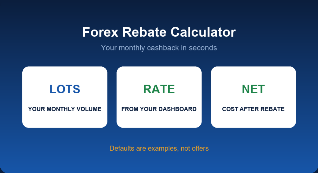 Forex rebate calculator showing monthly cashback and effective cost per lot
