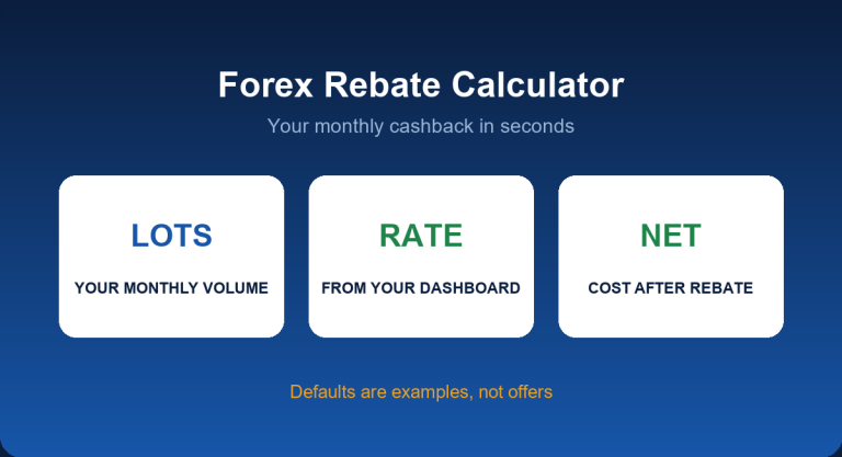 Forex rebate calculator showing monthly cashback and effective cost per lot