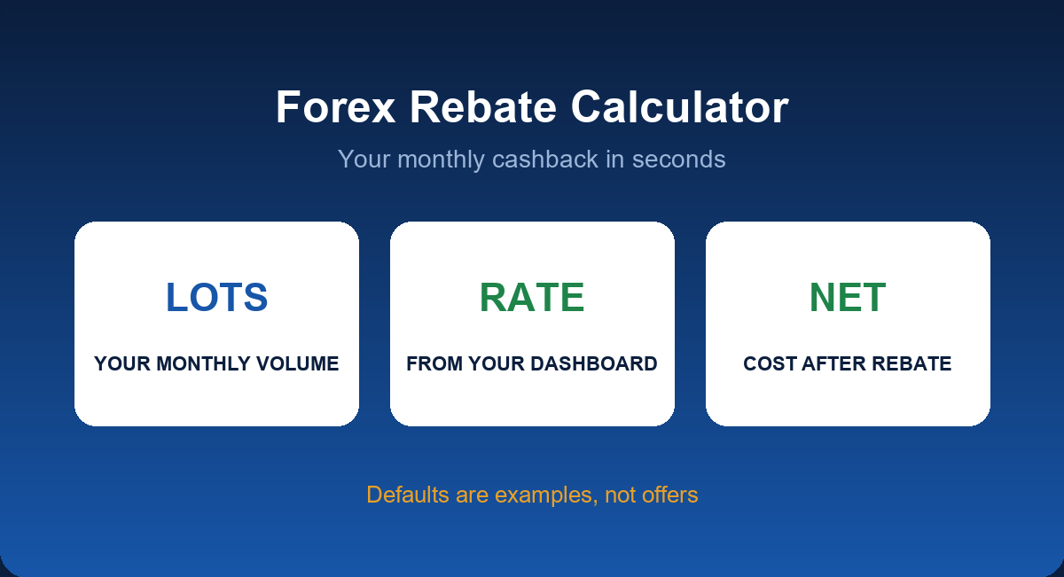 Forex rebate calculator showing monthly cashback and effective cost per lot